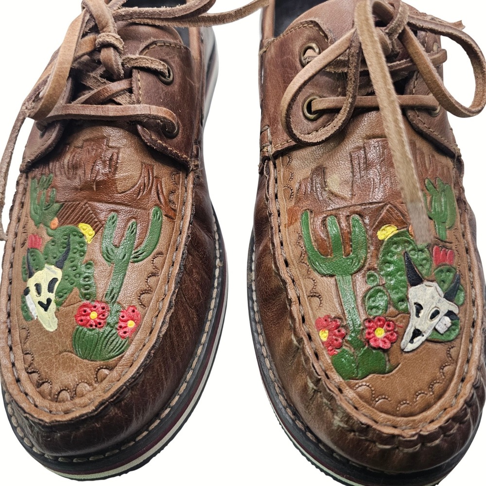 Roper Womens Brown Leather Desert Cactus Skull Boat Shoes Loafers Sz 10 - Picture 2 of 12